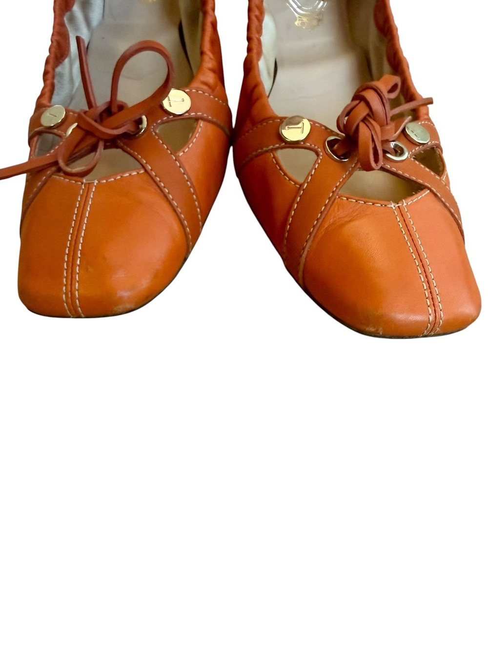 Tod's Orange Leather Square-Toe Flats with Tie and Eyelet Detail - Picture 3 of 7